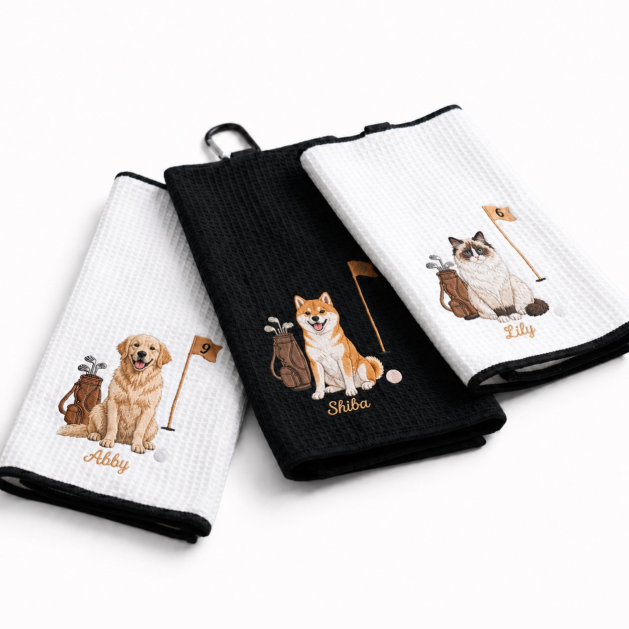 Custom Embroidered Pet Golf Towel with Carabiner – Personalized Dog & Cat Golf Gift