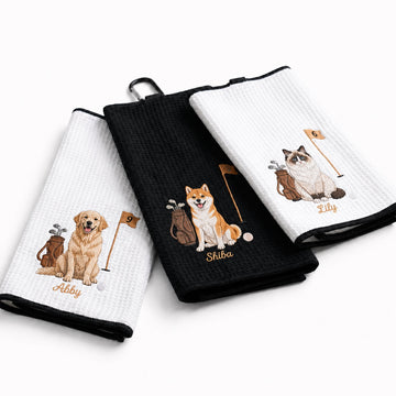 Custom Embroidered Pet Golf Towel with Carabiner – Personalized Dog & Cat Golf Gift