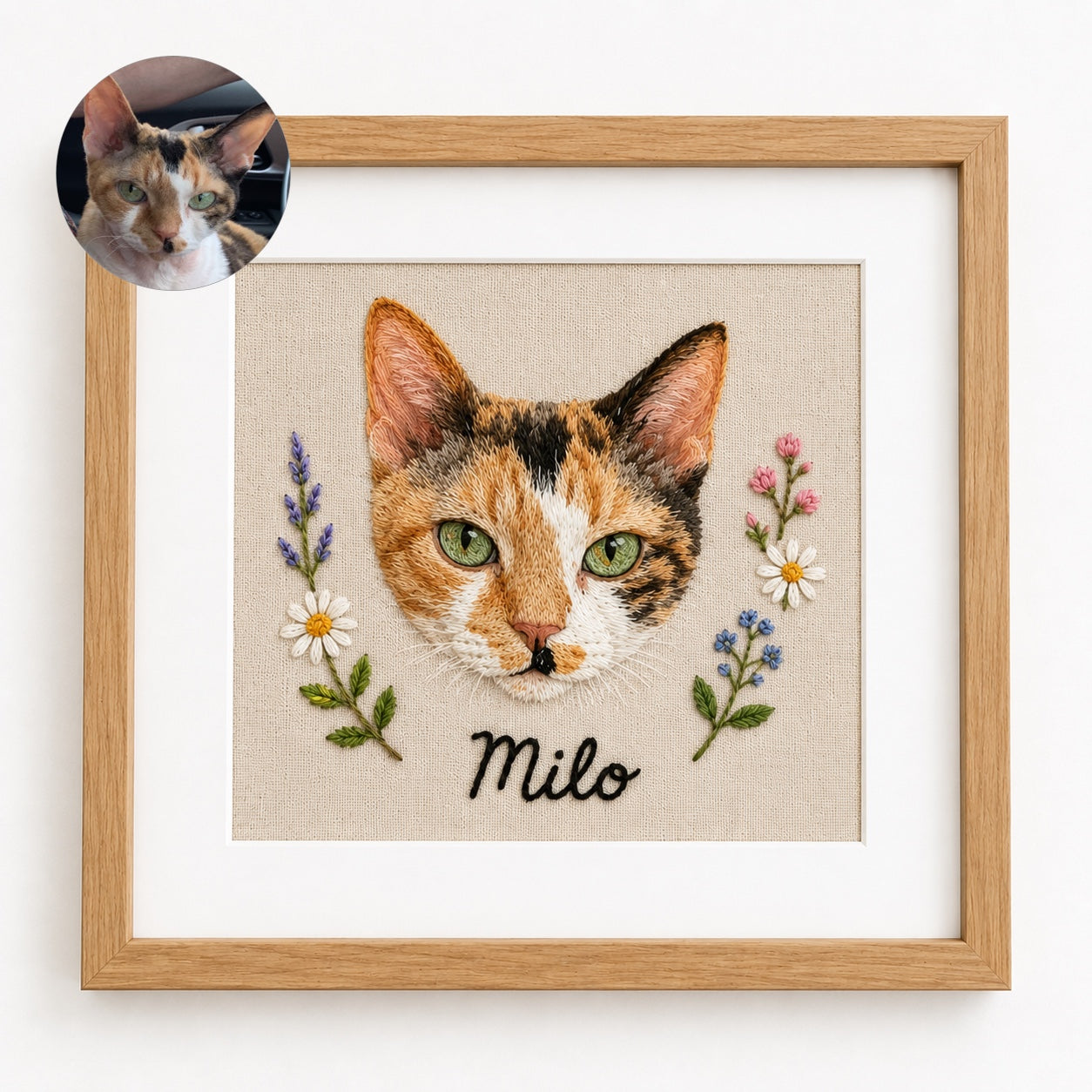Custom Embroidered Pet Portrait Frame with Personalized Name | Square Pet Embroidery Wall Art