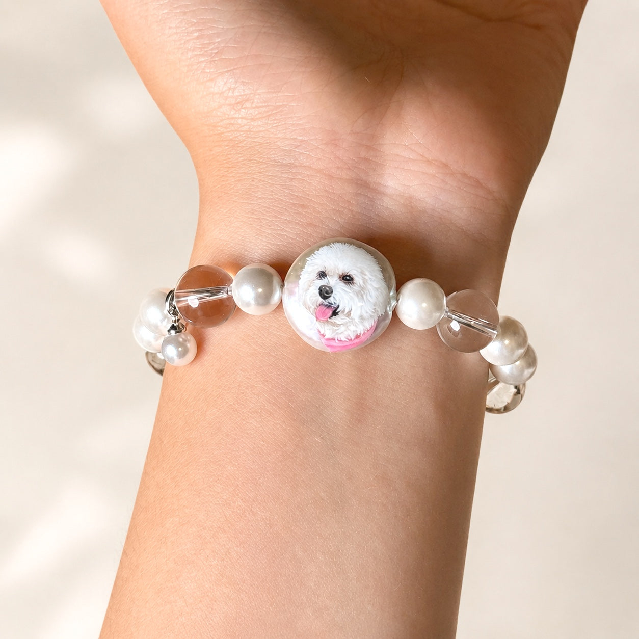 Custom Pet Face Bracelet – Handcrafted Pearl & Crystal Adjustable Bracelet