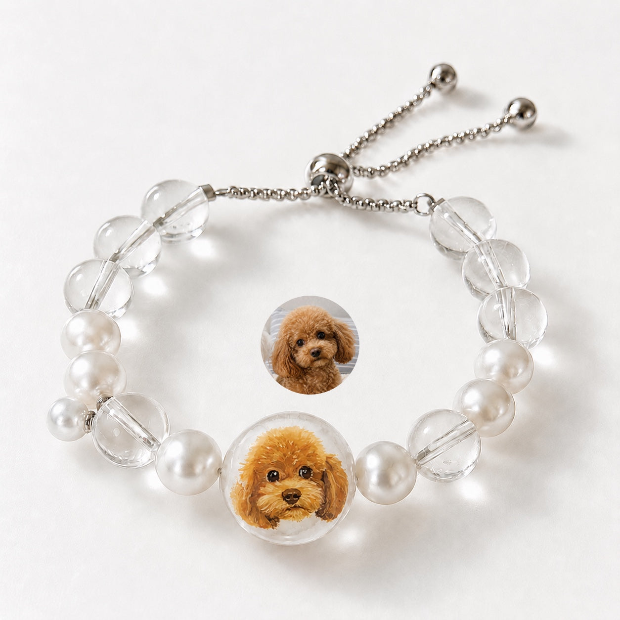 Custom Pet Face Bracelet – Handcrafted Pearl & Crystal Adjustable Bracelet