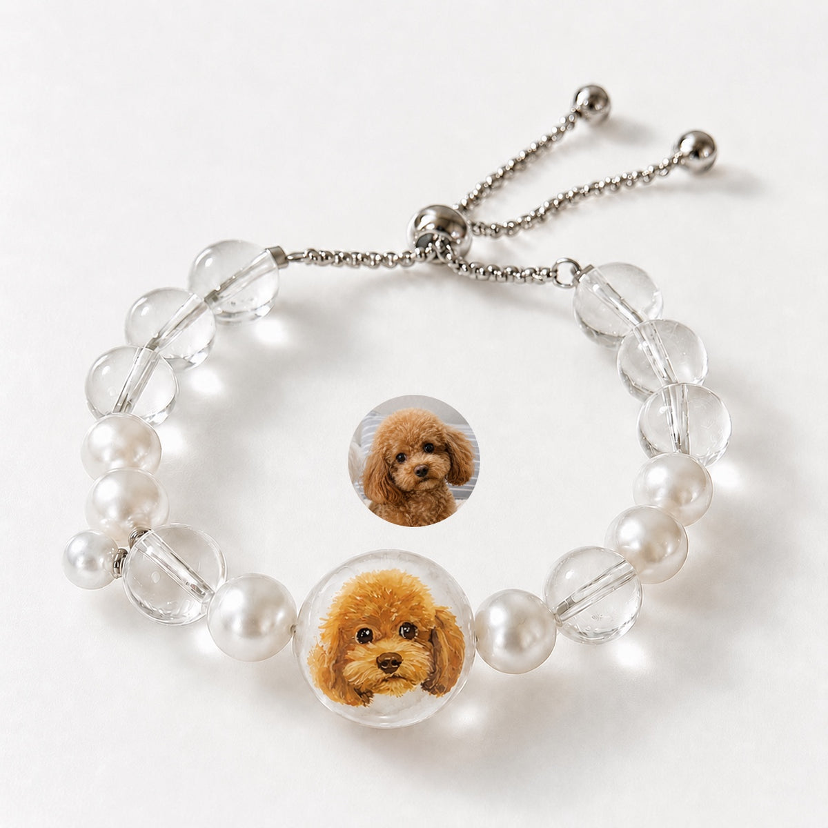 Custom Pet Face Bracelet – Handcrafted Pearl & Crystal Adjustable Bracelet