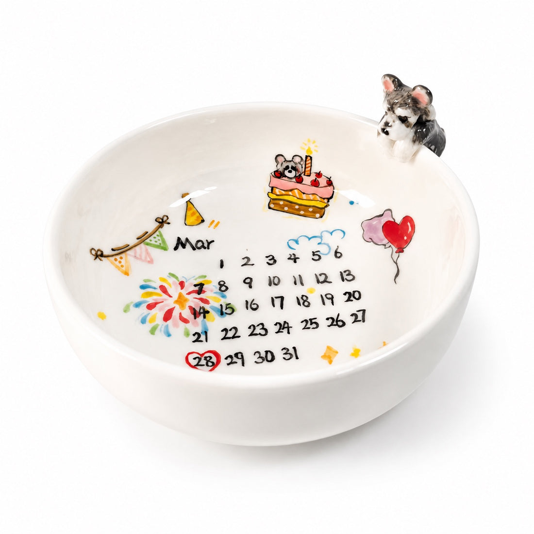 Custom Pet Birthday Memory Bowl – Personalized Ceramic Birthday Calendar Bowl with 3D Pet Figurines