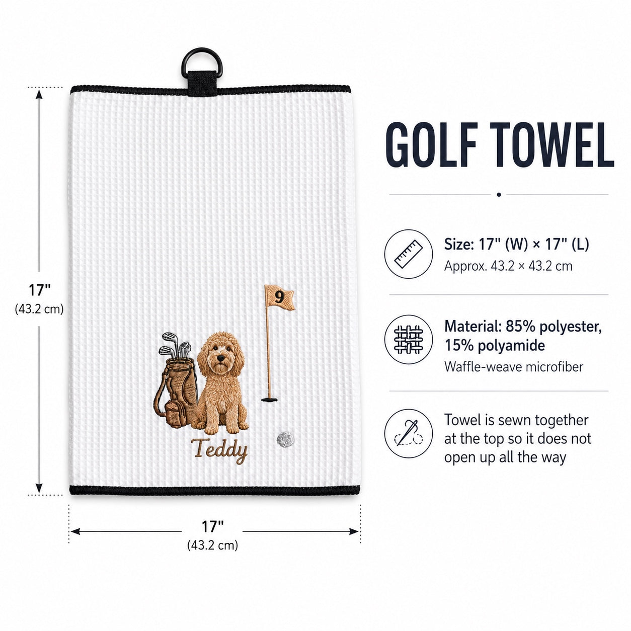 Custom Embroidered Pet Golf Towel with Carabiner – Personalized Dog & Cat Golf Gift