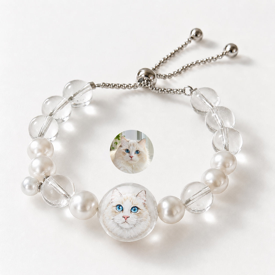 Custom Pet Face Bracelet – Handcrafted Pearl & Crystal Adjustable Bracelet