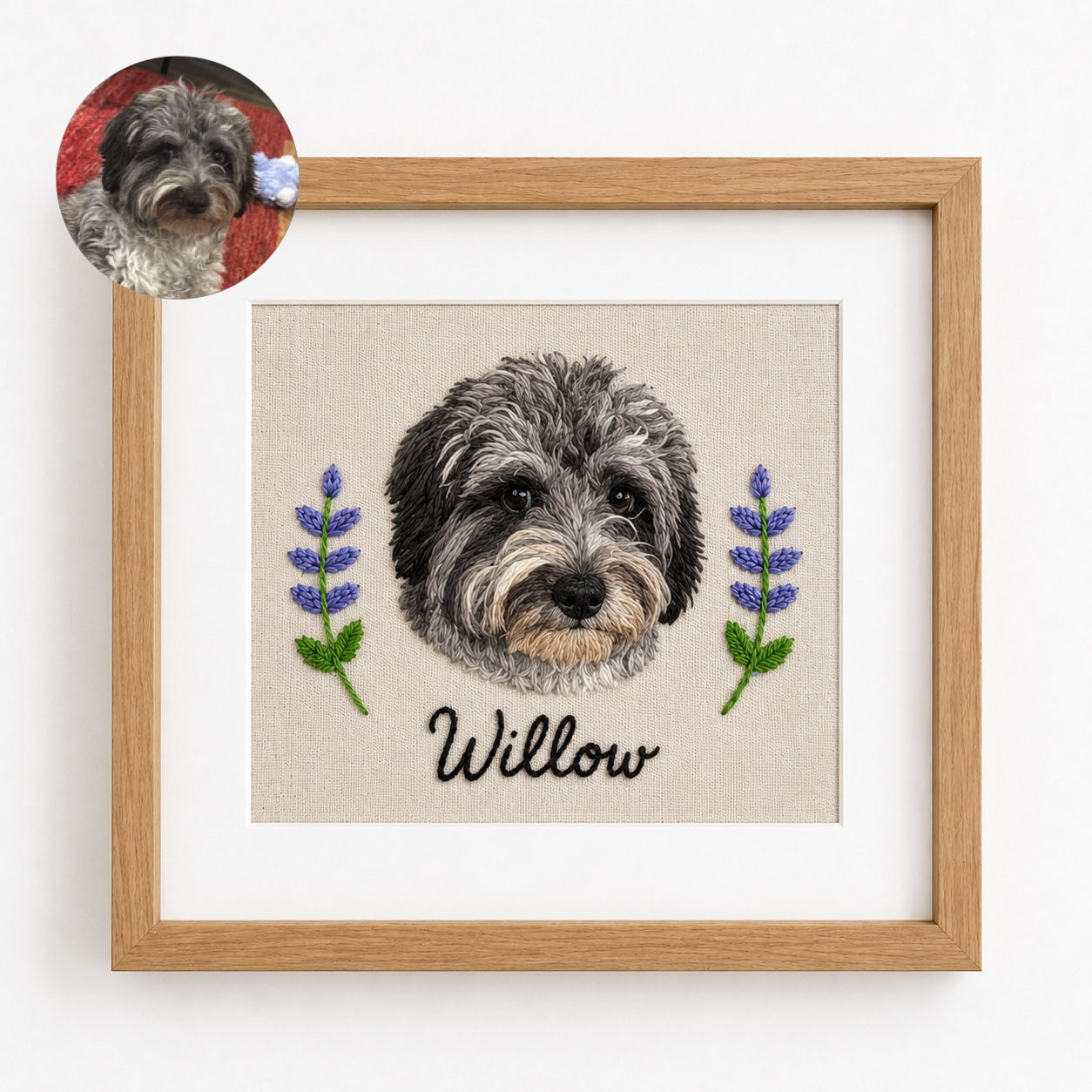 Custom Embroidered Pet Portrait Frame with Personalized Name | Square Pet Embroidery Wall Art