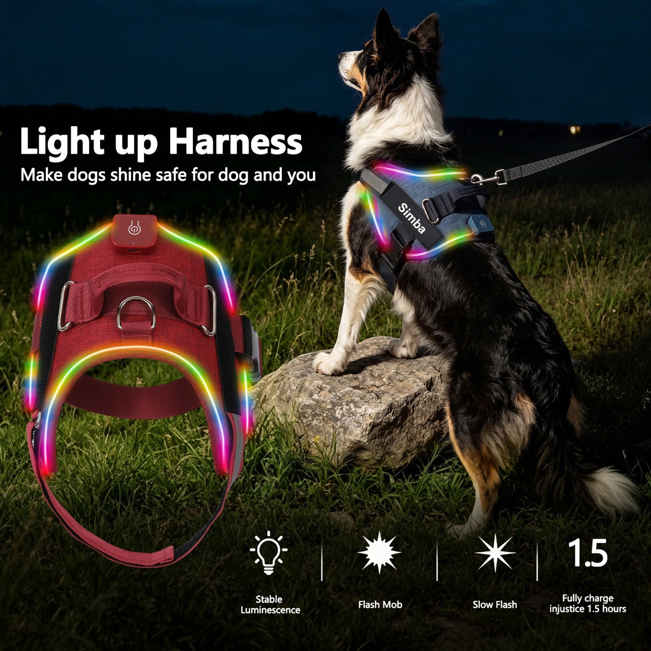 Personalized LED Light-Up Dog Harness with Custom Name & Phone Number