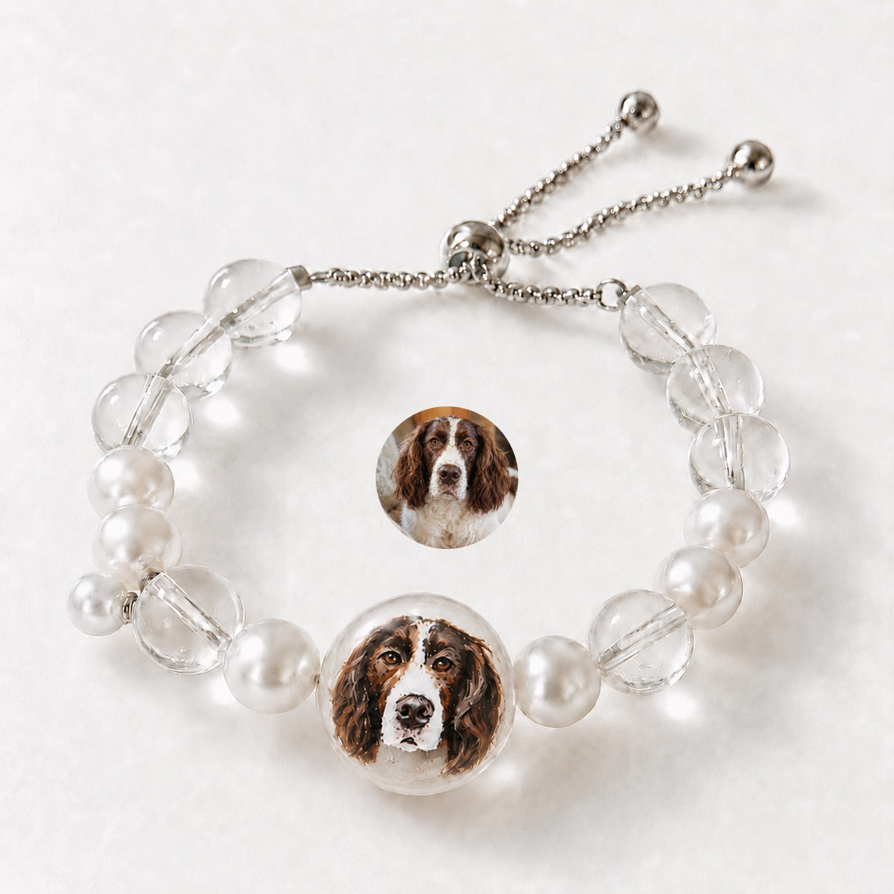 Custom Pet Face Bracelet – Handcrafted Pearl & Crystal Adjustable Bracelet