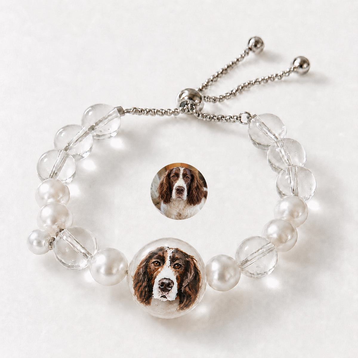 Custom Pet Face Bracelet – Handcrafted Pearl & Crystal Adjustable Bracelet