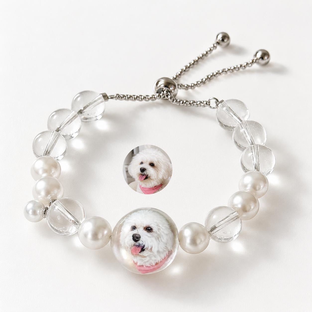 Custom Pet Face Bracelet – Handcrafted Pearl & Crystal Adjustable Bracelet