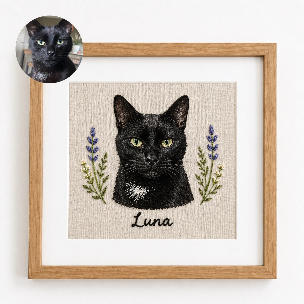 Custom Embroidered Pet Portrait Frame with Personalized Name | Square Pet Embroidery Wall Art