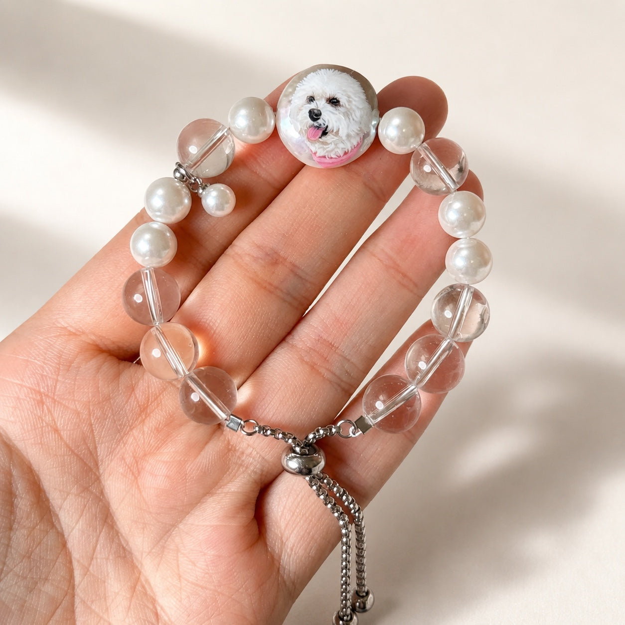 Custom Pet Face Bracelet – Handcrafted Pearl & Crystal Adjustable Bracelet