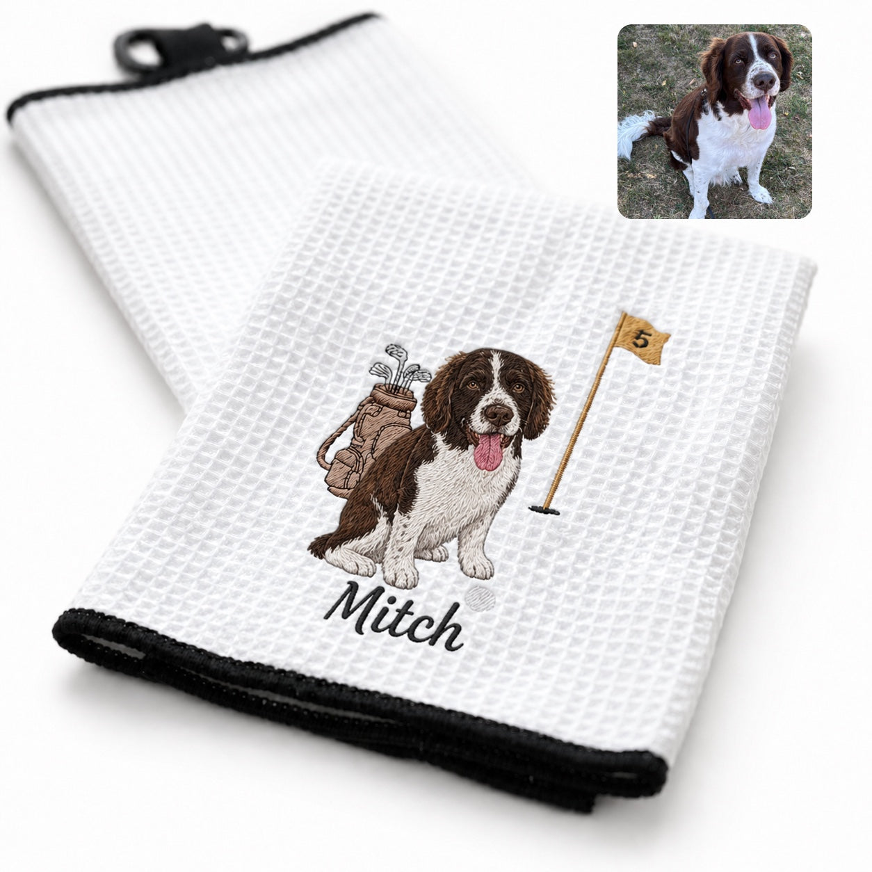 Custom Embroidered Pet Golf Towel with Carabiner – Personalized Dog & Cat Golf Gift