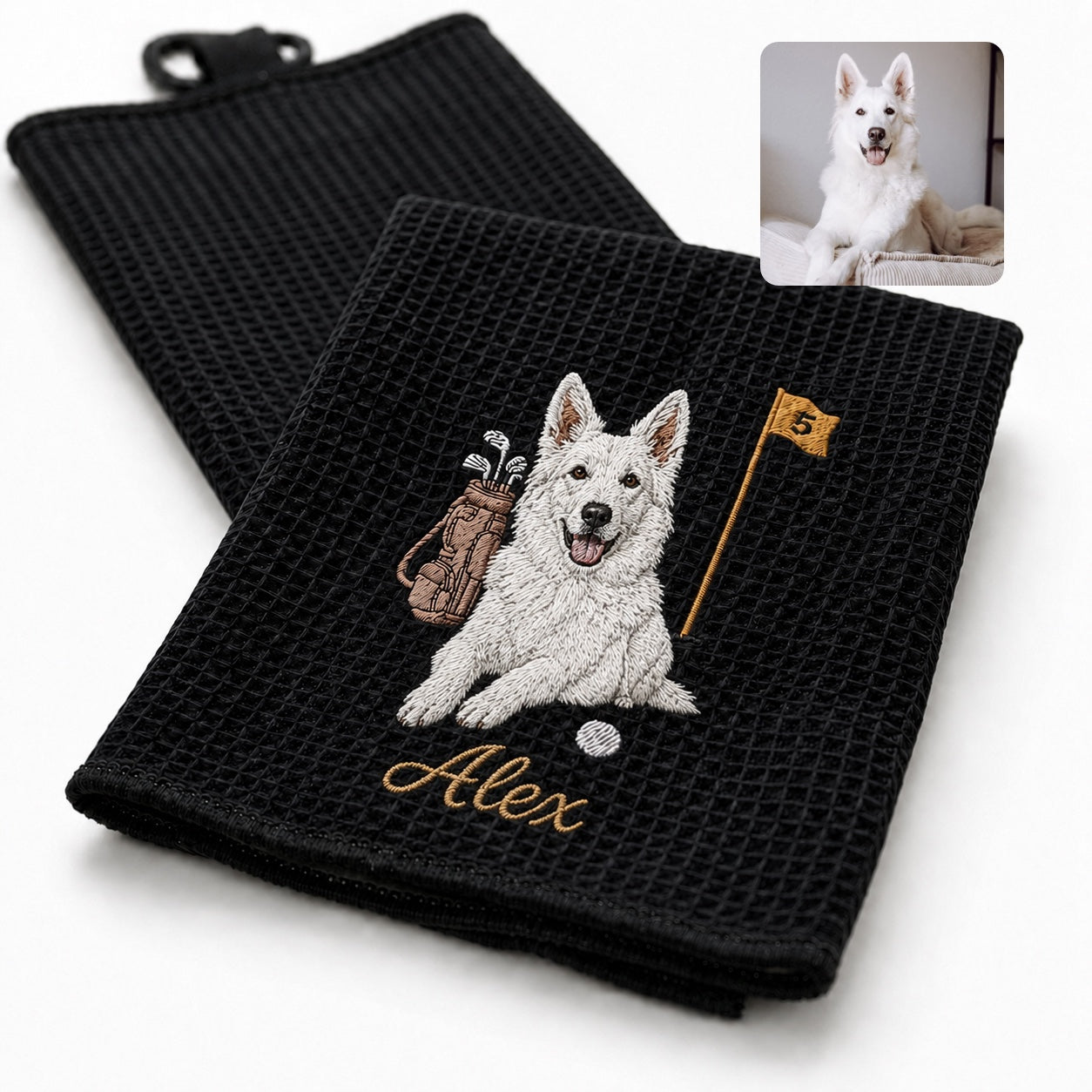 Custom Embroidered Pet Golf Towel with Carabiner – Personalized Dog & Cat Golf Gift