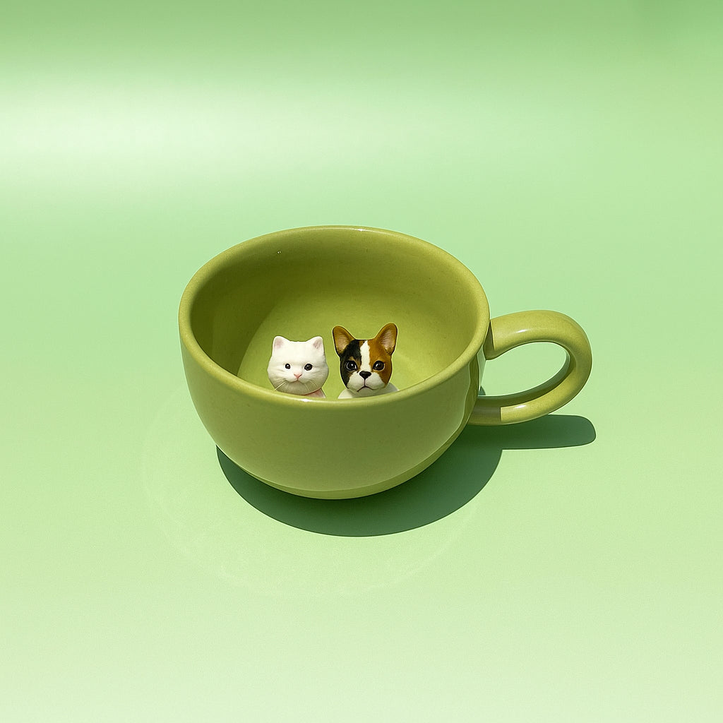 Colorful 3D Pet Mug – Custom Dog or Cat Inside | 6 Dopamine Colors | 1 or 2 Pets | 350ml Ceramic Cup