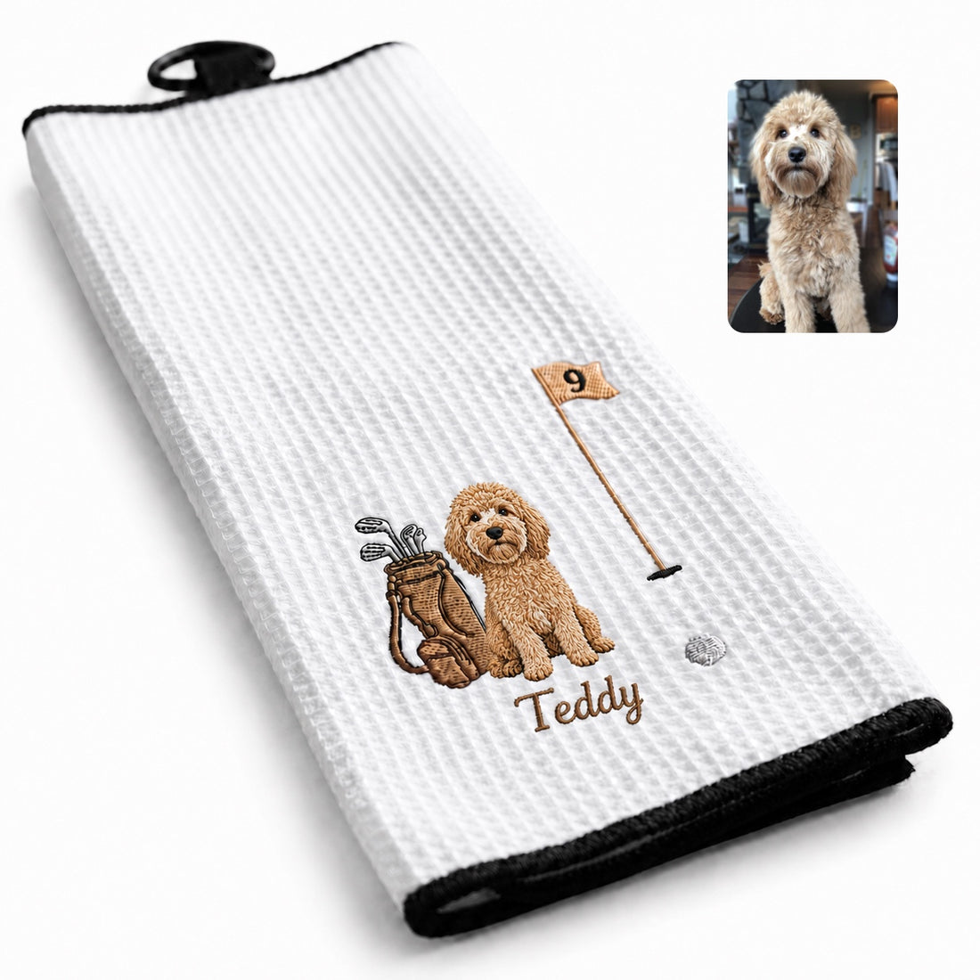 Custom Embroidered Pet Golf Towel with Carabiner – Personalized Dog & Cat Golf Gift