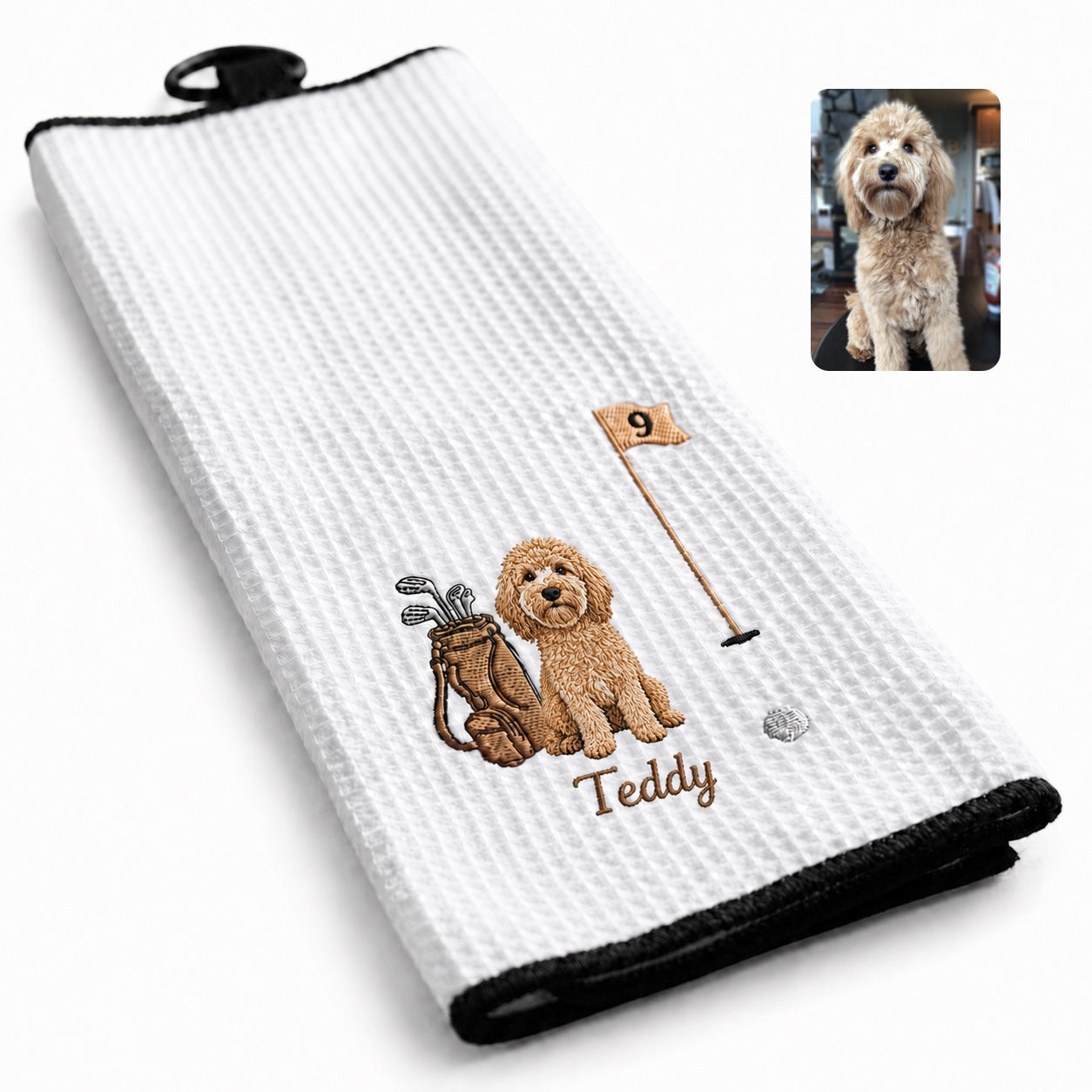 Custom Embroidered Pet Golf Towel with Carabiner – Personalized Dog & Cat Golf Gift