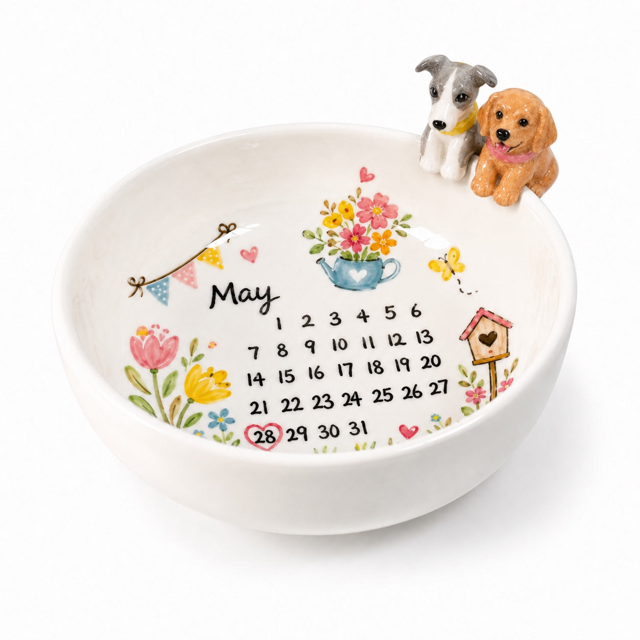 Custom Pet Birthday Memory Bowl – Personalized Ceramic Birthday Calendar Bowl with 3D Pet Figurines