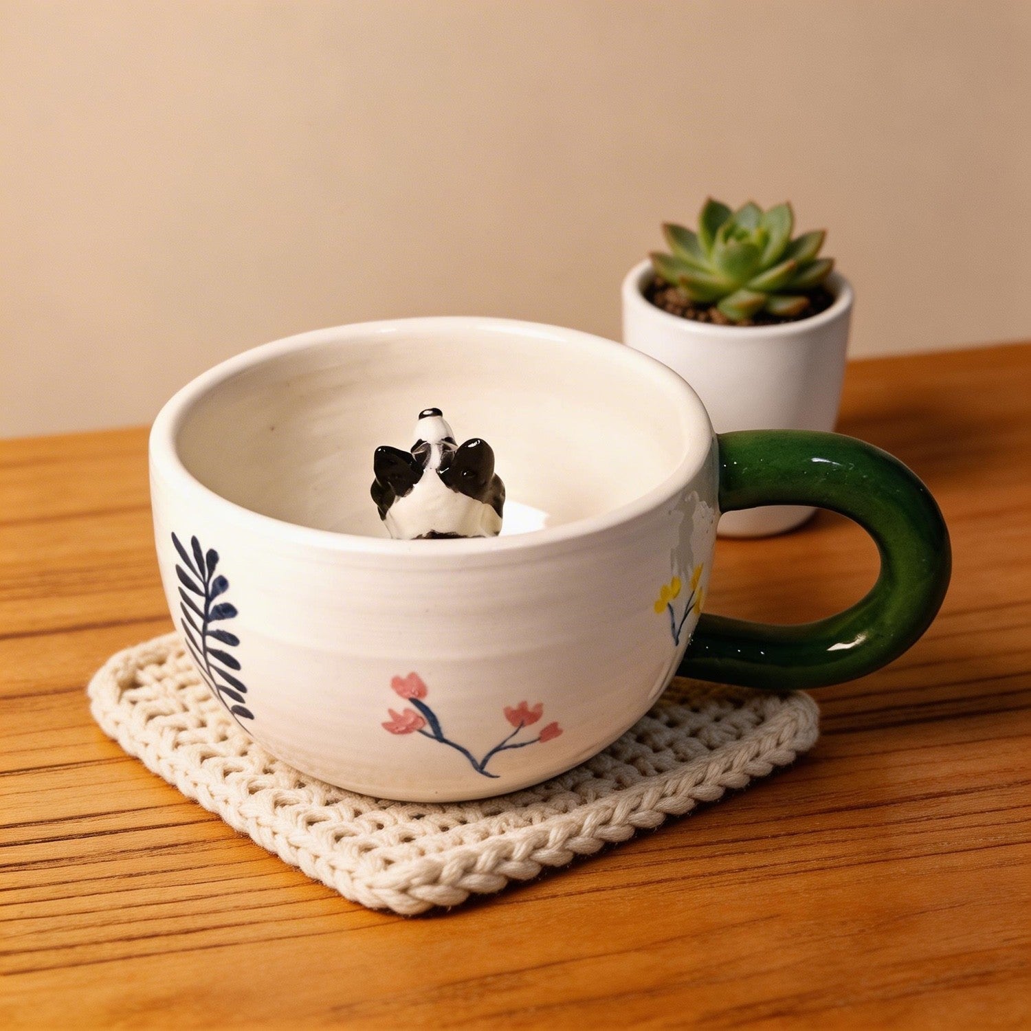 Custom Pet Inside Mug with 3D Pet – Green Handle Ceramic Coffee Mug