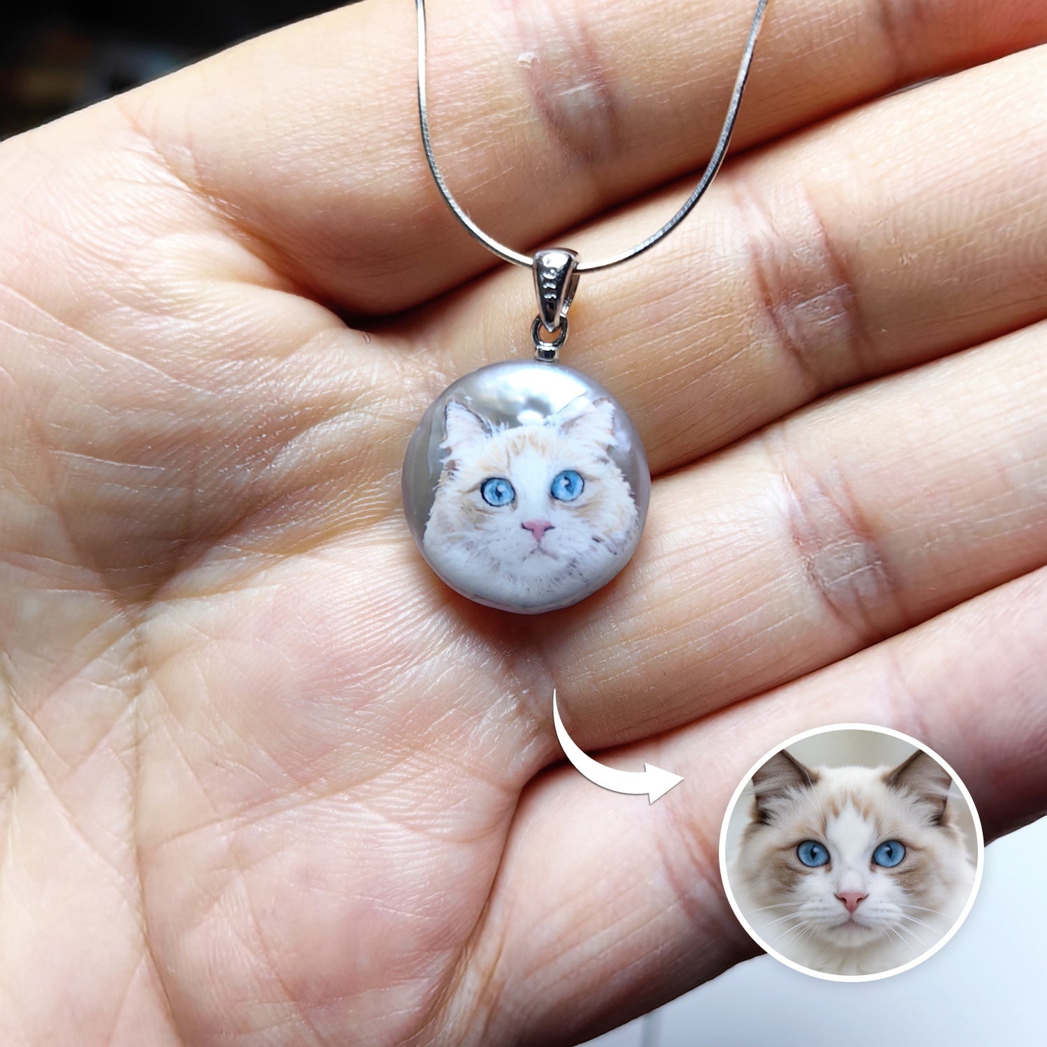 Custom Pet Portrait Pendant — Hand Painted on Pearl