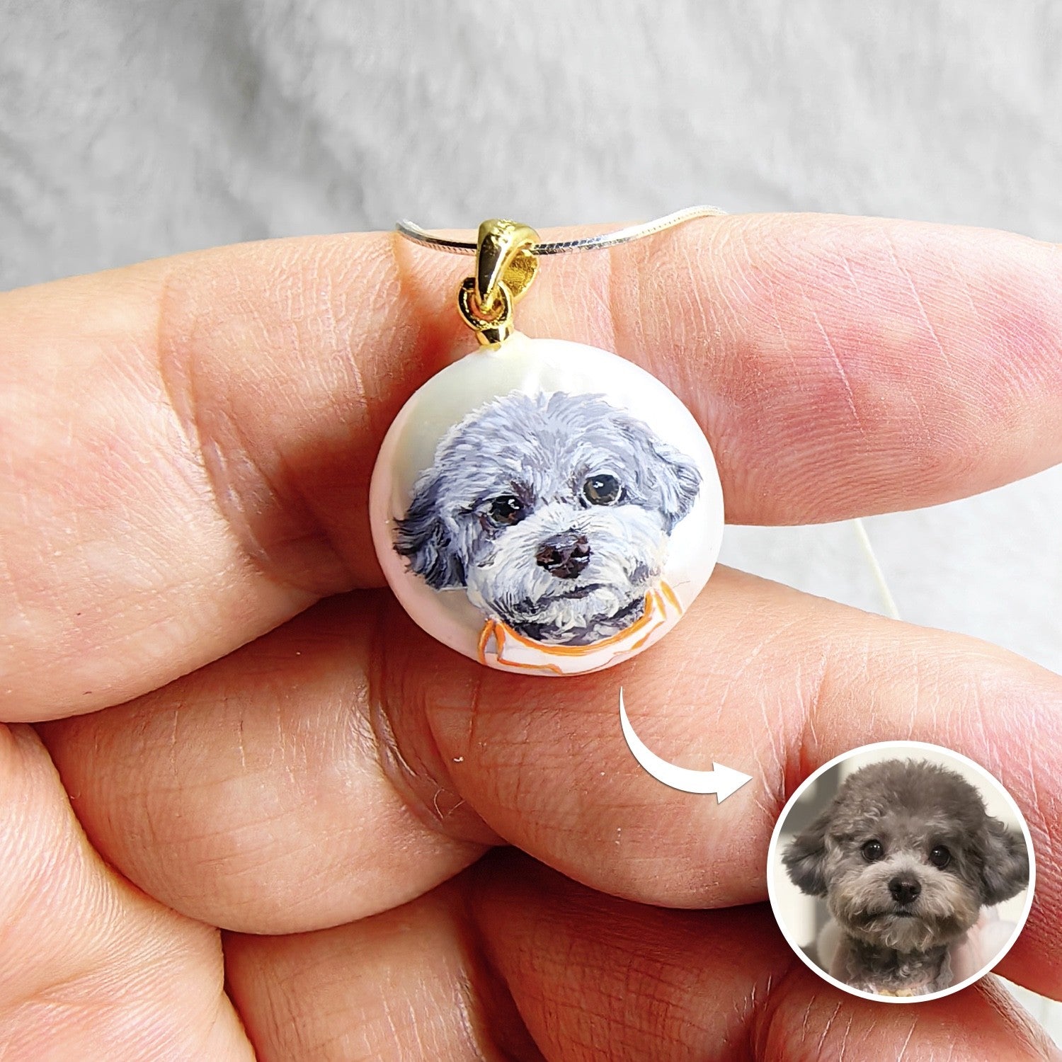 Custom Pet Portrait Pendant — Hand Painted on Pearl