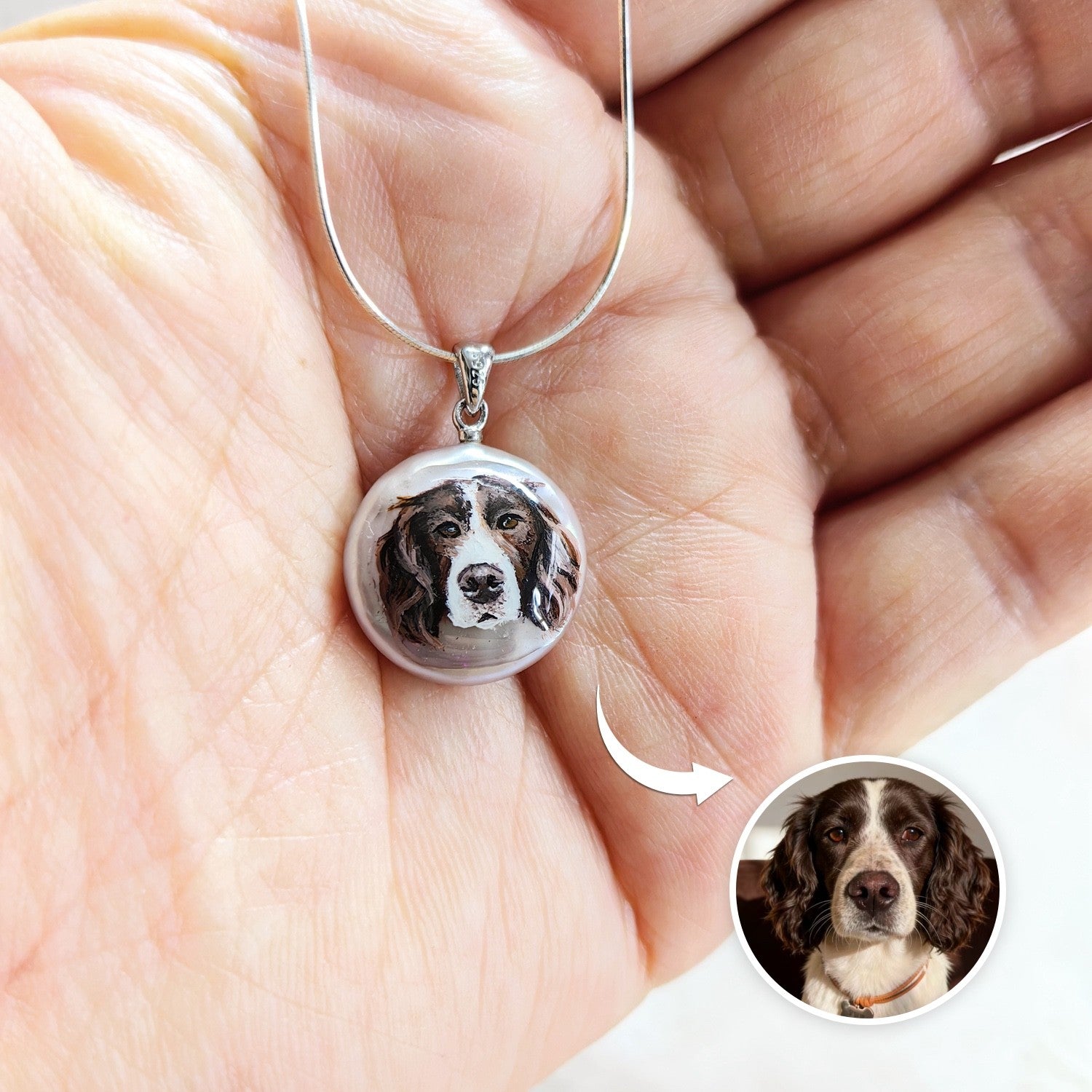 Custom Pet Portrait Pendant — Hand Painted on Pearl