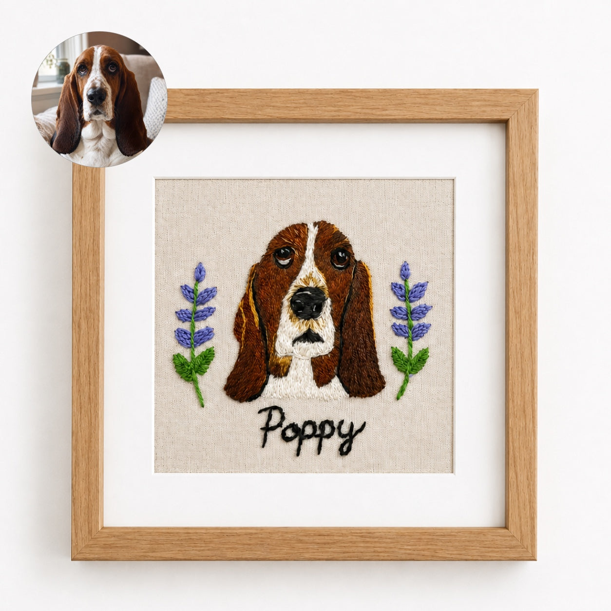 Custom Embroidered Pet Portrait Frame with Personalized Name | Square Pet Embroidery Wall Art