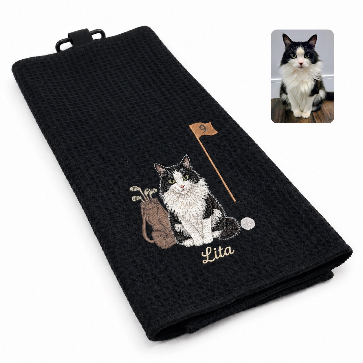 Custom Embroidered Pet Golf Towel with Carabiner – Personalized Dog & Cat Golf Gift