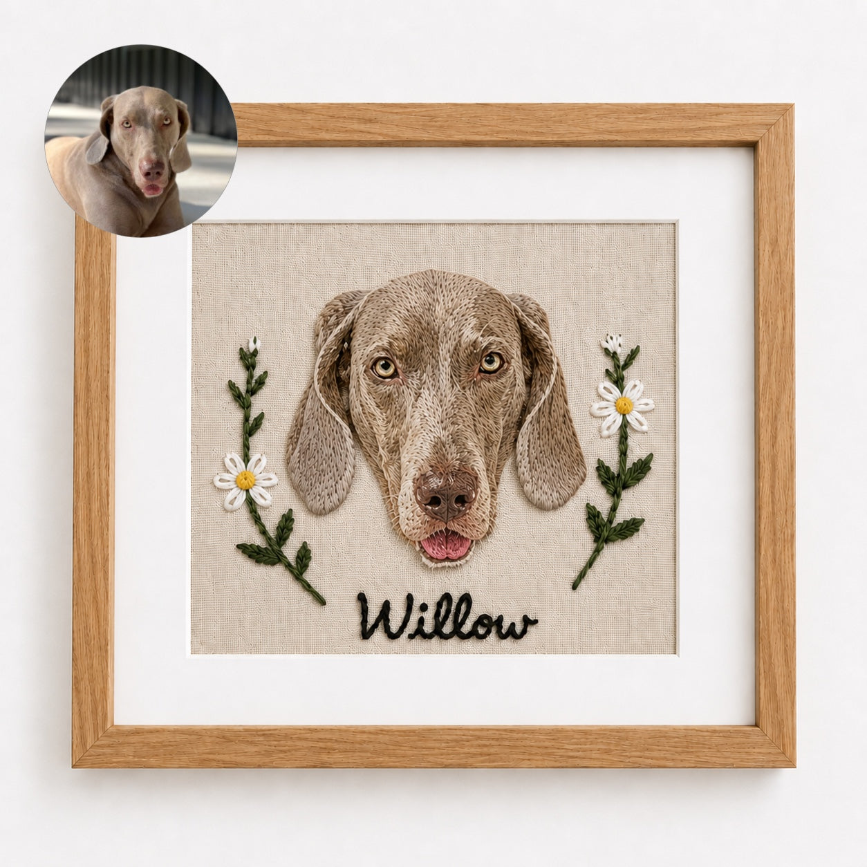 Custom Embroidered Pet Portrait Frame with Personalized Name | Square Pet Embroidery Wall Art