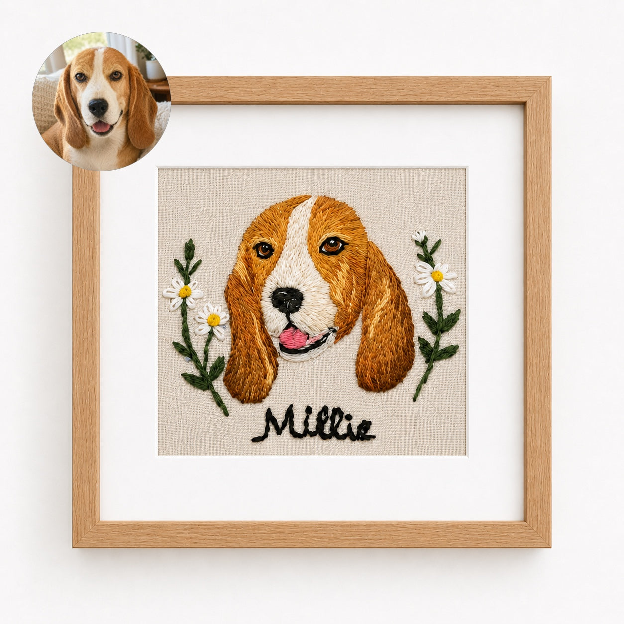 Custom Embroidered Pet Portrait Frame with Personalized Name | Square Pet Embroidery Wall Art