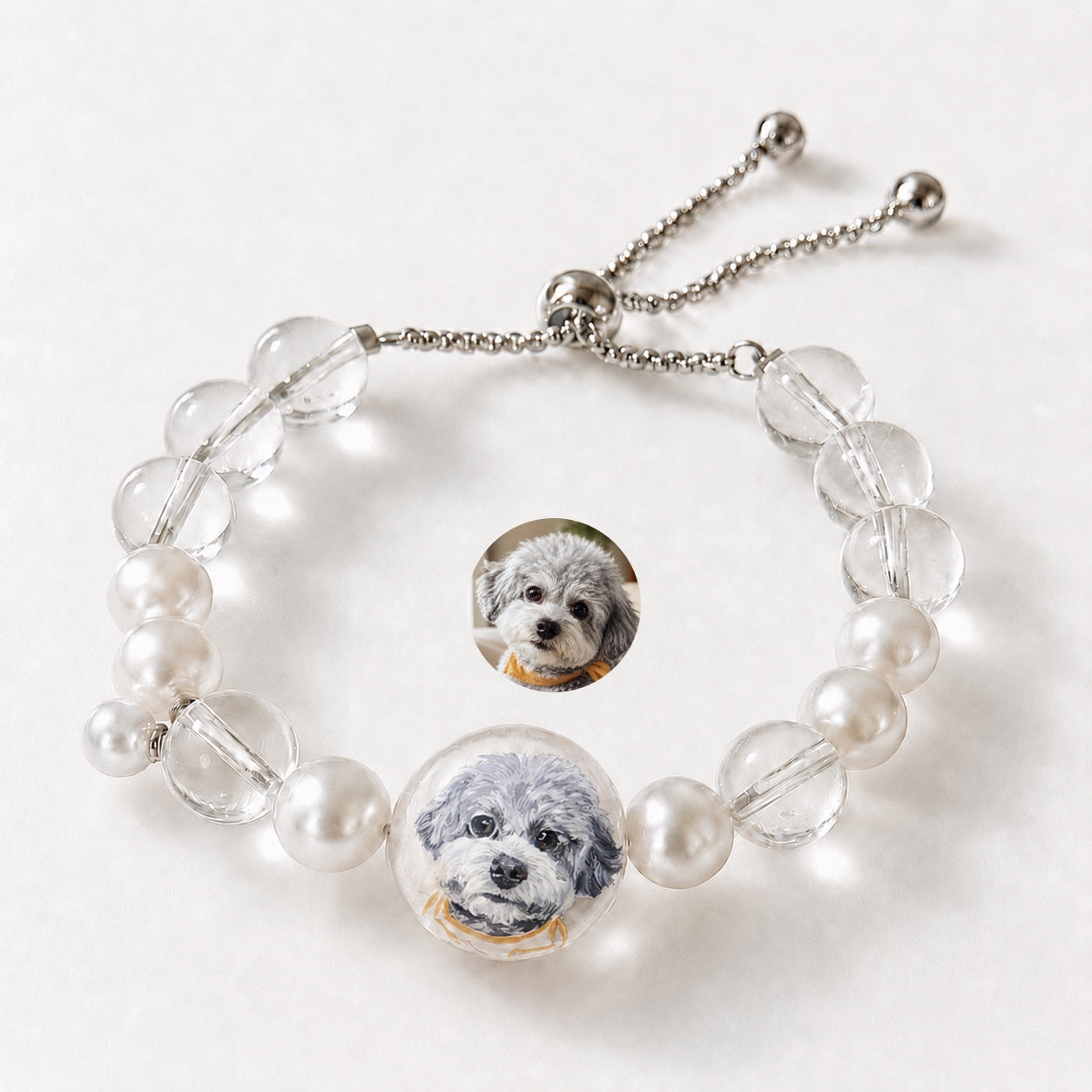 Custom Pet Face Bracelet – Handcrafted Pearl & Crystal Adjustable Bracelet