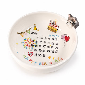 Custom Pet Birthday Memory Bowl – Personalized Ceramic Birthday Calendar Bowl with 3D Pet Figurines
